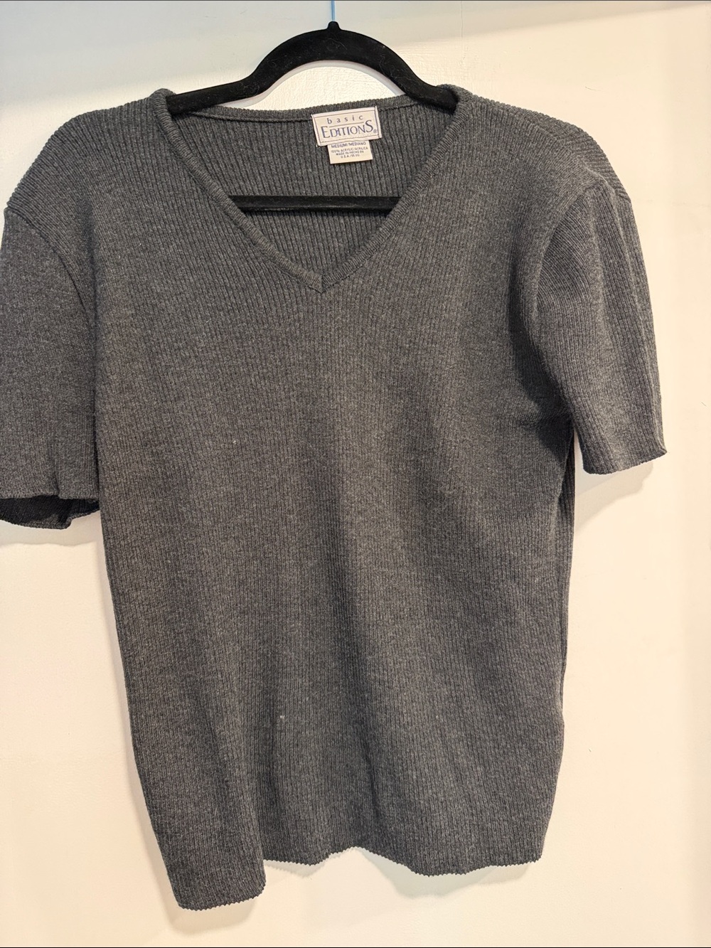 Women’s Basic Editions Charcoal Ribbed V-Neck Short Sleeve Sweater Size Medium